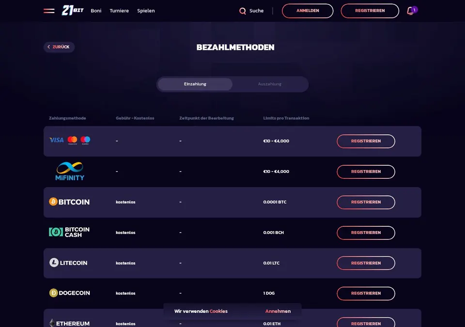 21Bit Casino: Kassenseite mit Zahlungsmethoden (Screenshot von www.21bit.com)