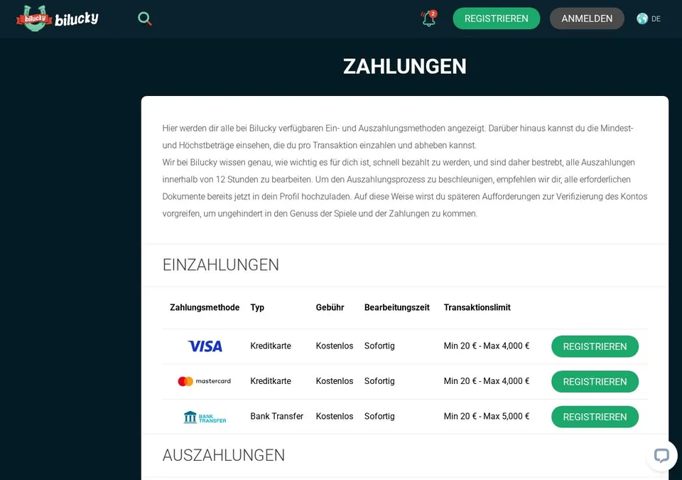 Bilucky: Kassenseite mit Zahlungsmethoden (Screenshot von www.bilucky.com)