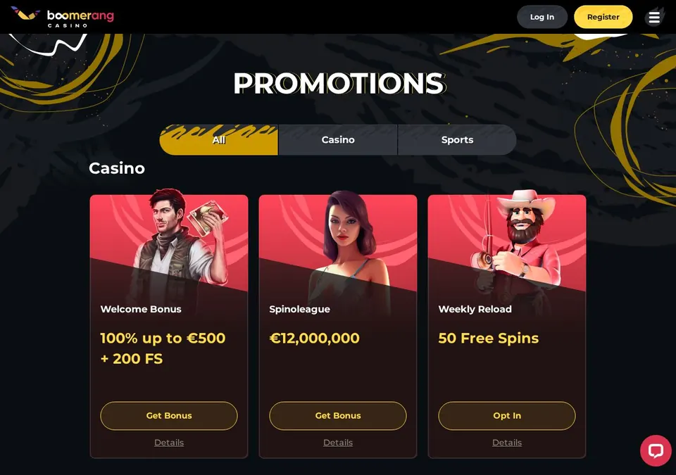 Boomerang Casino: Bonusseite (Screenshot von boomerang-casino.com)