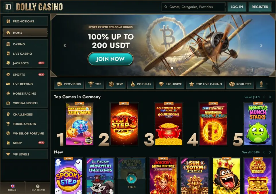 Dolly Casino: Startseite (Screenshot von dollycasino.com)
