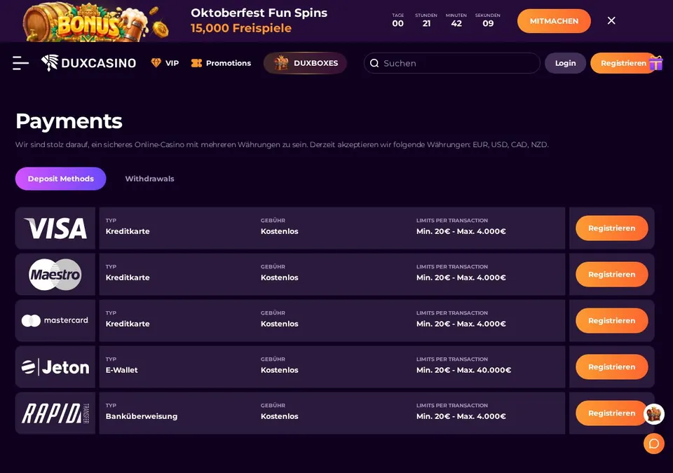 Dux Casino: Kassenseite mit Zahlungsmethoden (Screenshot von www.duxcasino.com)