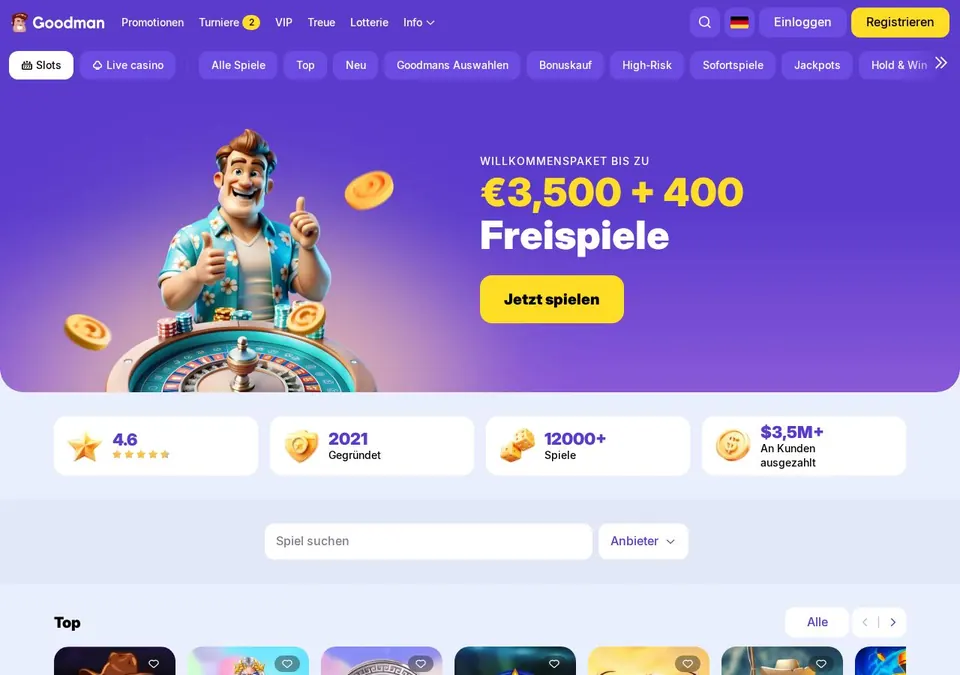 Goodman Casino: Startseite (Screenshot von www.goodmancasino.com)
