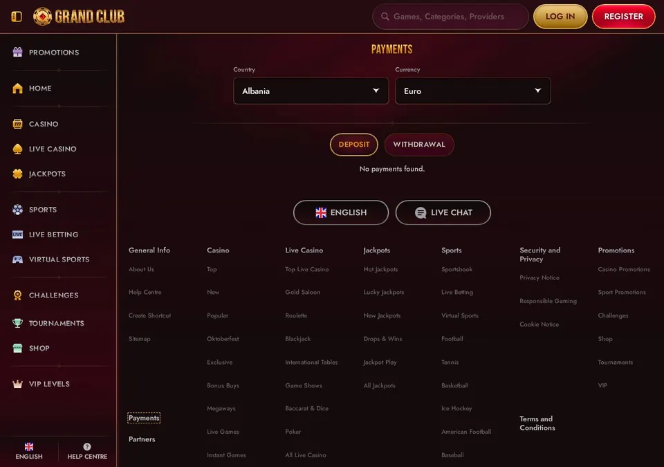 Grandclub: Kassenseite mit Zahlungsmethoden (Screenshot von grandclub.com)