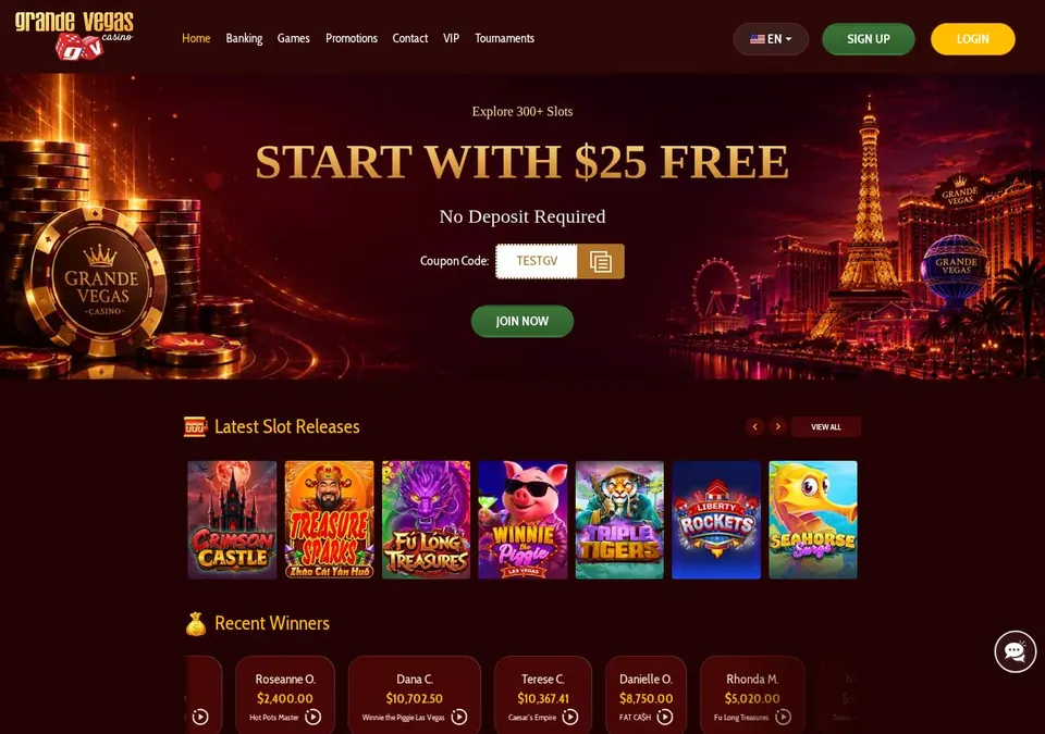 Grande Vegas casino: Startseite (Screenshot von www.grandevegascasino.com)