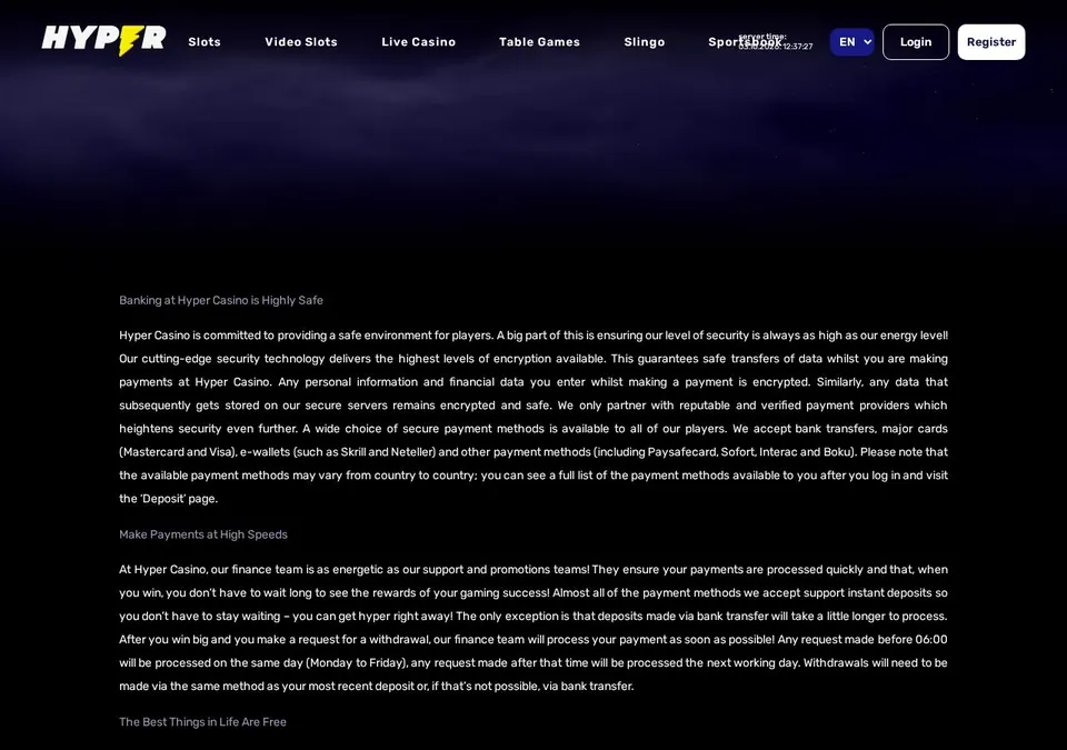 Hyper Casino: Kassenseite mit Zahlungsmethoden (Screenshot von www.hypercasino.com)