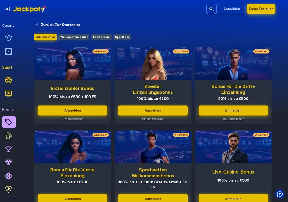 Jackpoty casino: Bonusseite (Screenshot von www.jackpoty.com)