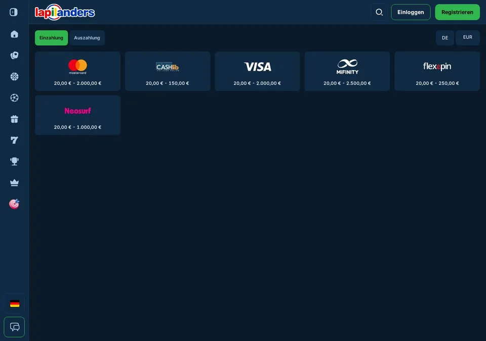 Lapilanders Casino: Kassenseite mit Zahlungsmethoden (Screenshot von lapilanders.com)