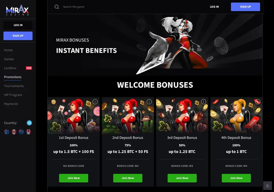 Mirax Casino: Bonusseite (Screenshot von www.miraxcasino.com)