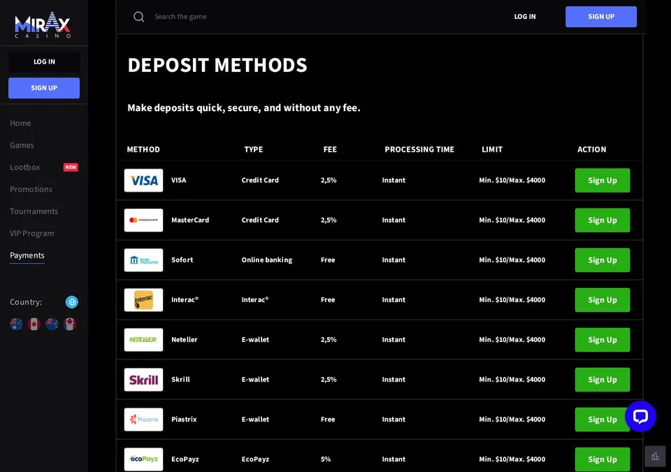 Mirax Casino: Kassenseite mit Zahlungsmethoden (Screenshot von www.miraxcasino.com)