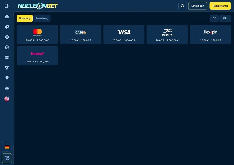Nucleonbet: Kassenseite mit Zahlungsmethoden (Screenshot von nucleonbet.com)