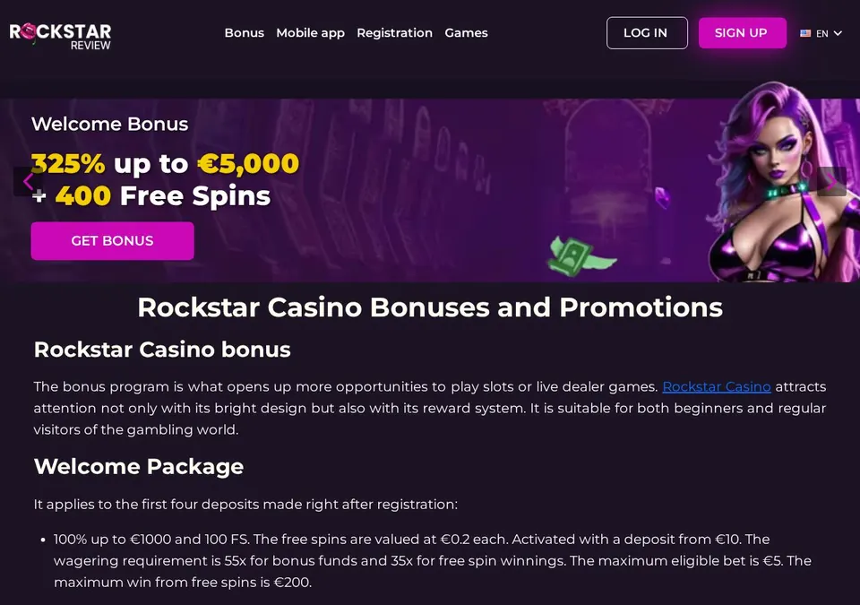 Rockstar Casino: Bonusseite (Screenshot von rockstar.casino)