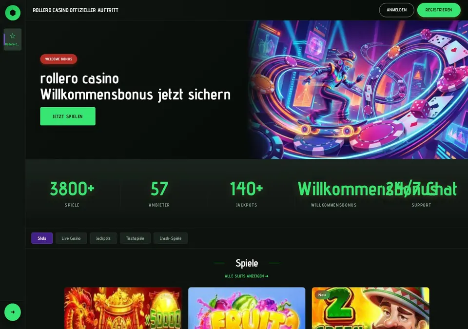 Rollero Casino: Startseite (Screenshot von rollero.com)