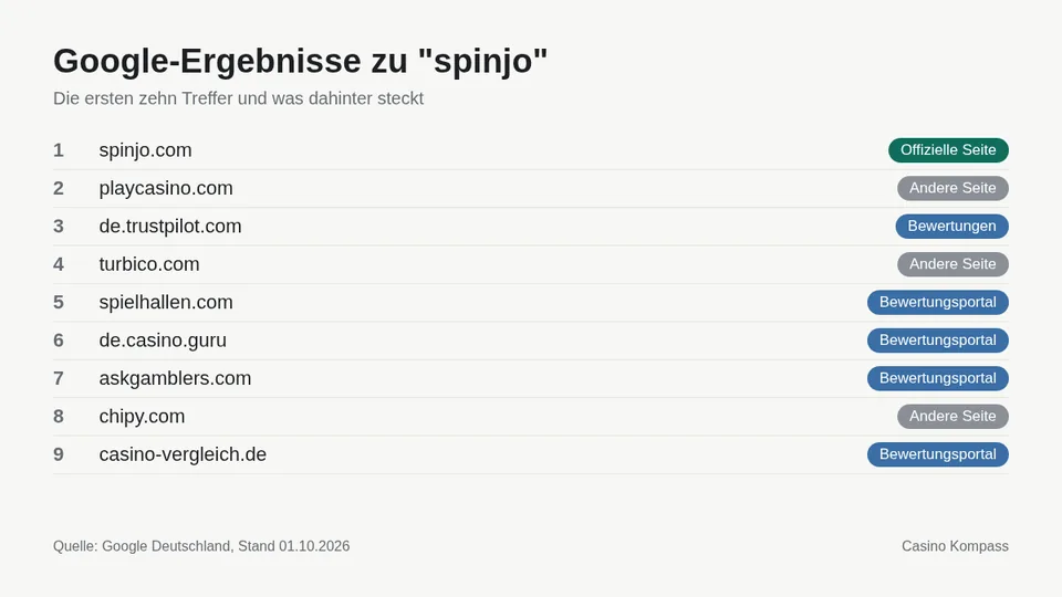 Google-Ergebnisse zu spinjo mit Einordnung der Websites