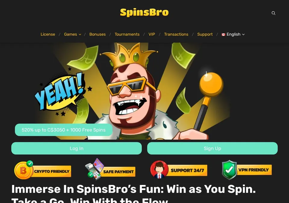 Spinsbro: Startseite (Screenshot von spinsbro.com)