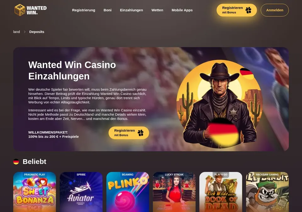 Wanted Win: Kassenseite mit Zahlungsmethoden (Screenshot von wantedwin.com)