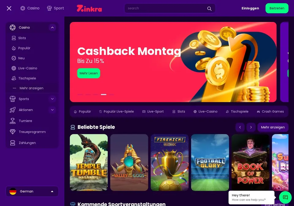 Zinkra Casino: Startseite (Screenshot von zinkra.com)