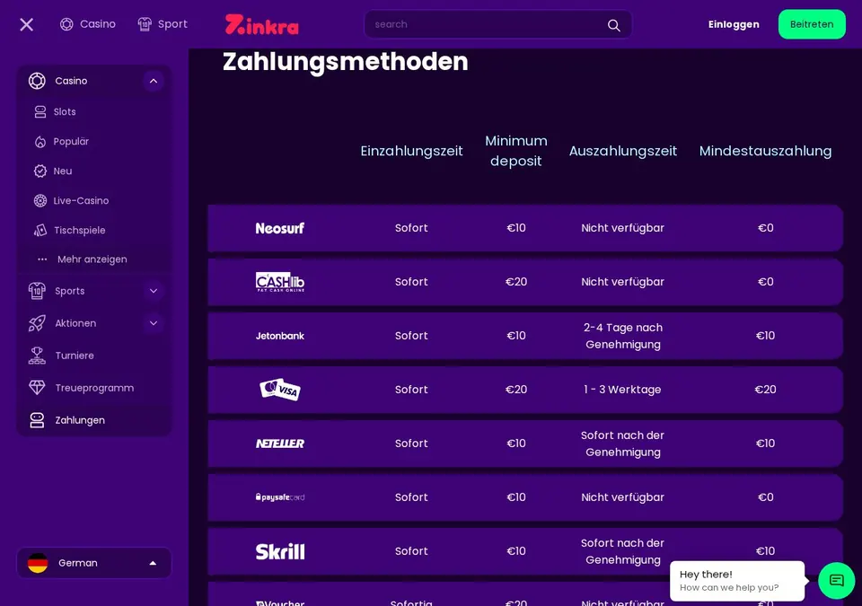 Zinkra Casino: Kassenseite mit Zahlungsmethoden (Screenshot von zinkra.com)